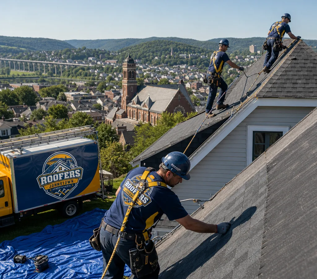 Roofing crew working safely on a steep Johnstown residential roof with fall protection and ground tarping