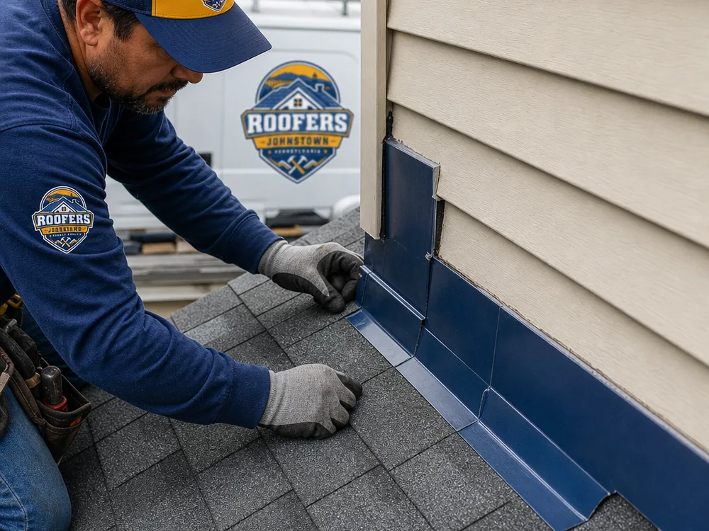 Correctly installed step flashing and counterflashing at a shingle roof-to-wall intersection