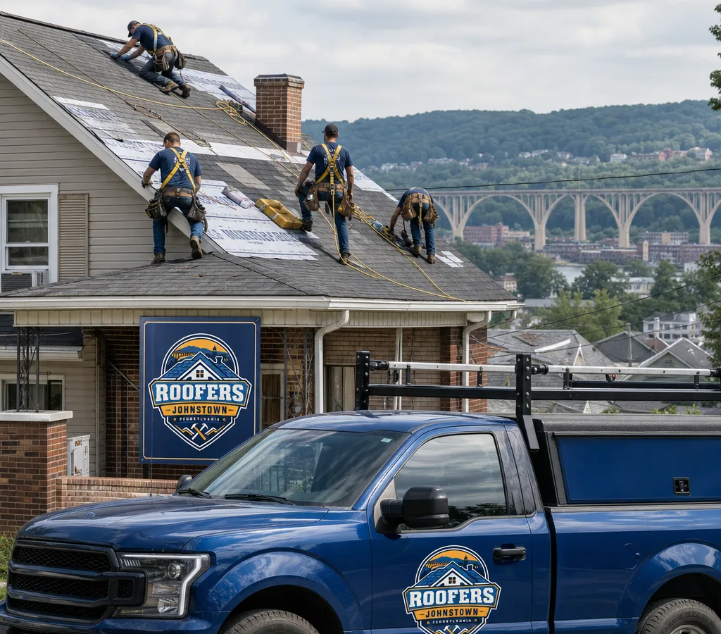 Roofing crew installing asphalt shingles on a Johnstown home using fall protection and clean staging