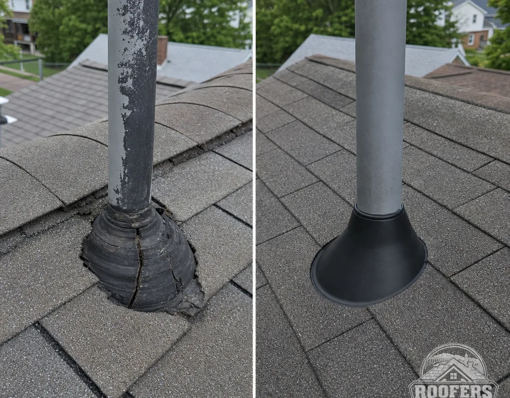 Before and after comparison of a worn plumbing vent boot replaced and integrated correctly with surrounding shingles