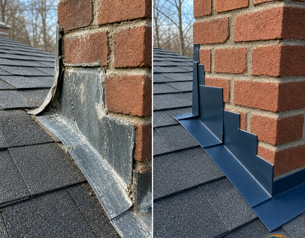 Before and after comparison of corrected chimney step flashing and counterflashing at a masonry roof intersection