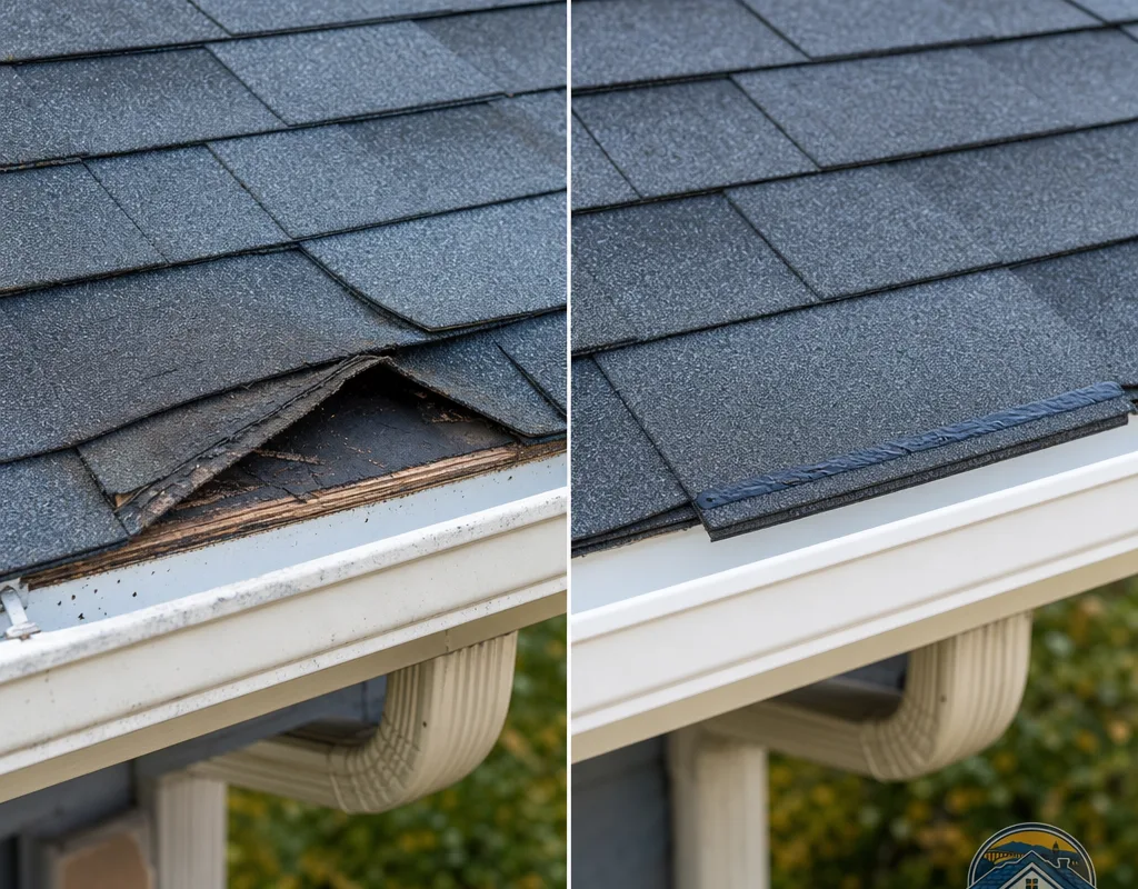 Before and after comparison of lifted shingles near an eave replaced with properly fastened and sealed matching shingles