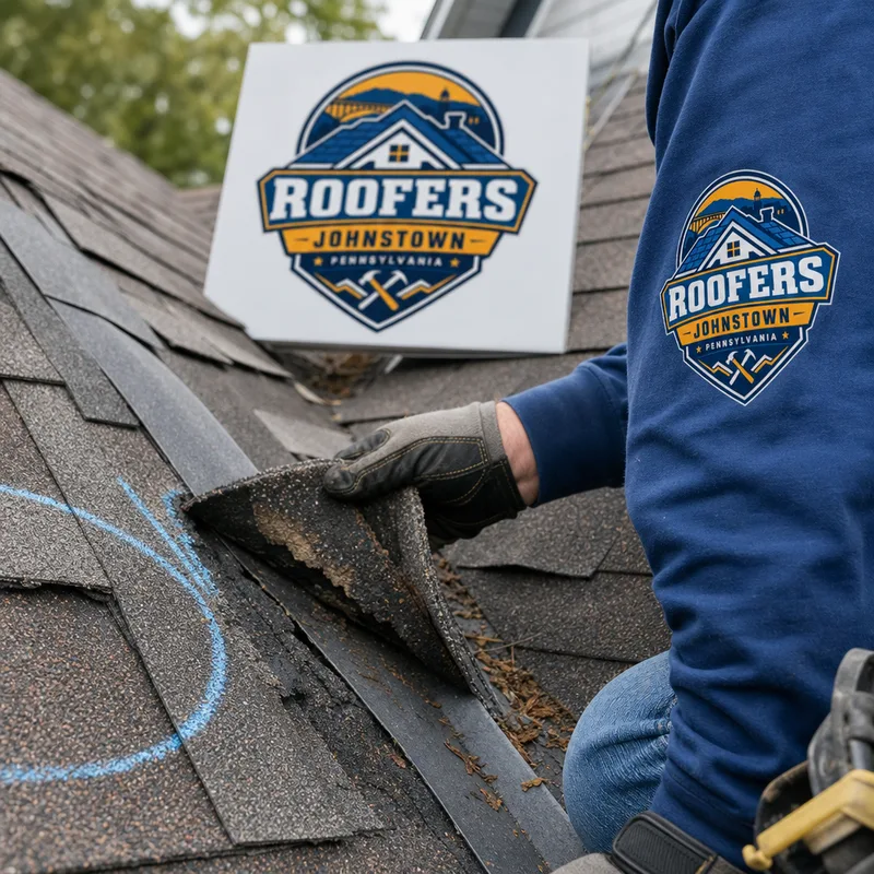 Damaged asphalt shingles with lifted tabs and granule loss near a roof valley marked for replacement