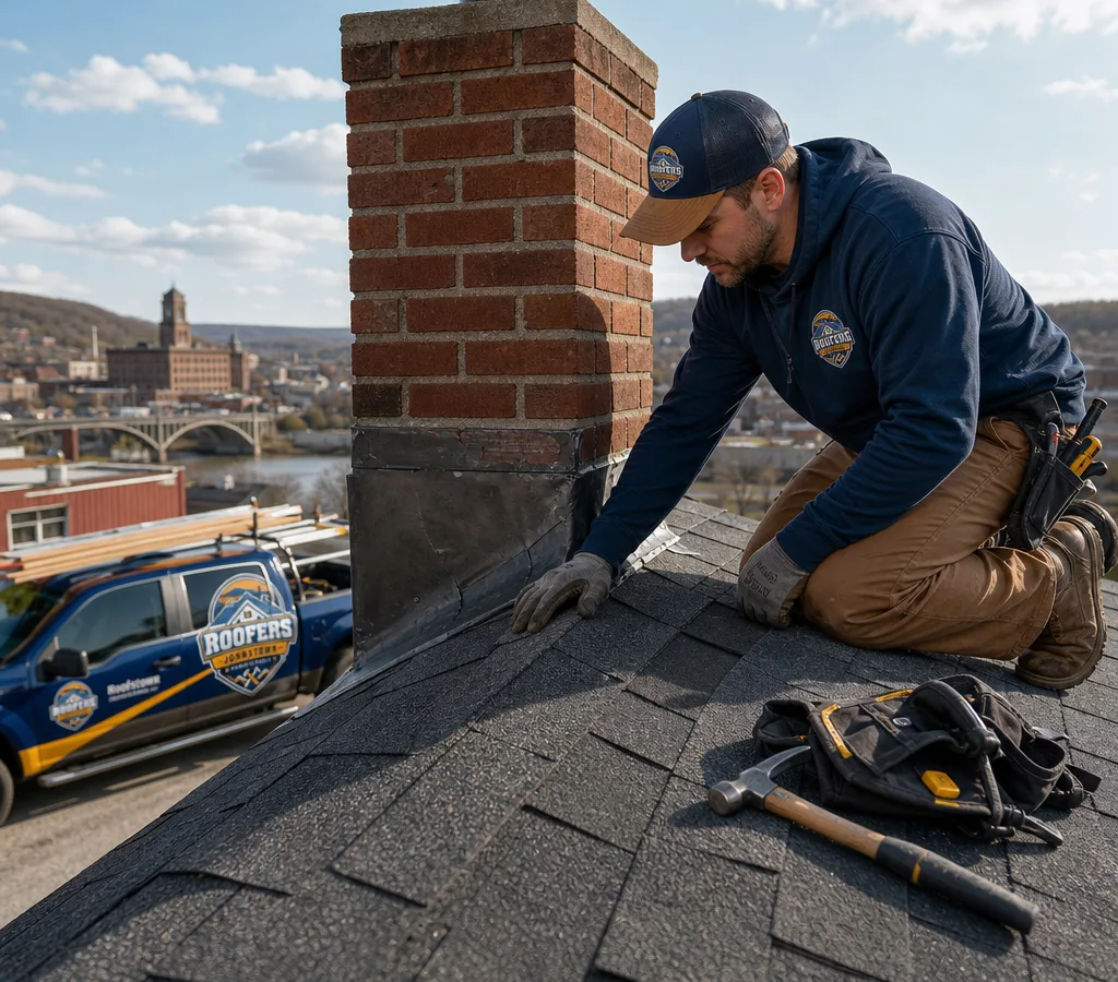 Technician inspecting shingles and chimney flashing on a residential roof in Johnstown with repair tools staged safely