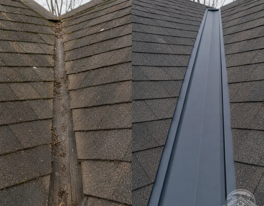 Worn asphalt shingle valley beside a rebuilt metal valley with clean edges and proper water channeling