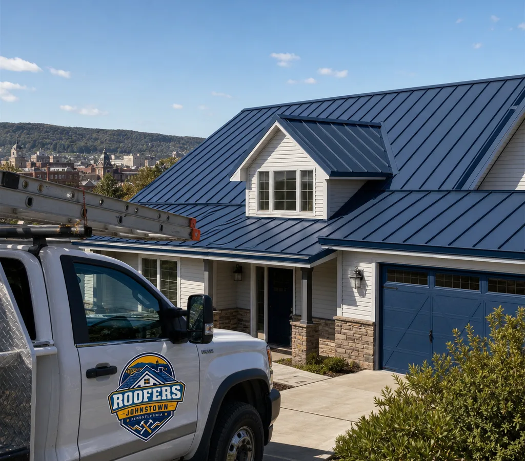 New standing seam metal roof on a Johnstown home with crisp panel lines, ridge cap, and clean eave edges