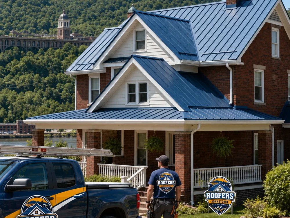 Completed standing seam metal roof on a traditional Johnstown home with straight seams across multiple roof planes