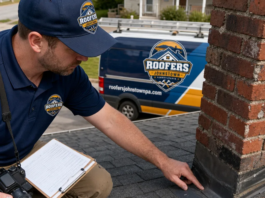 Roofer documenting chimney flashing and shingle condition during an inspection