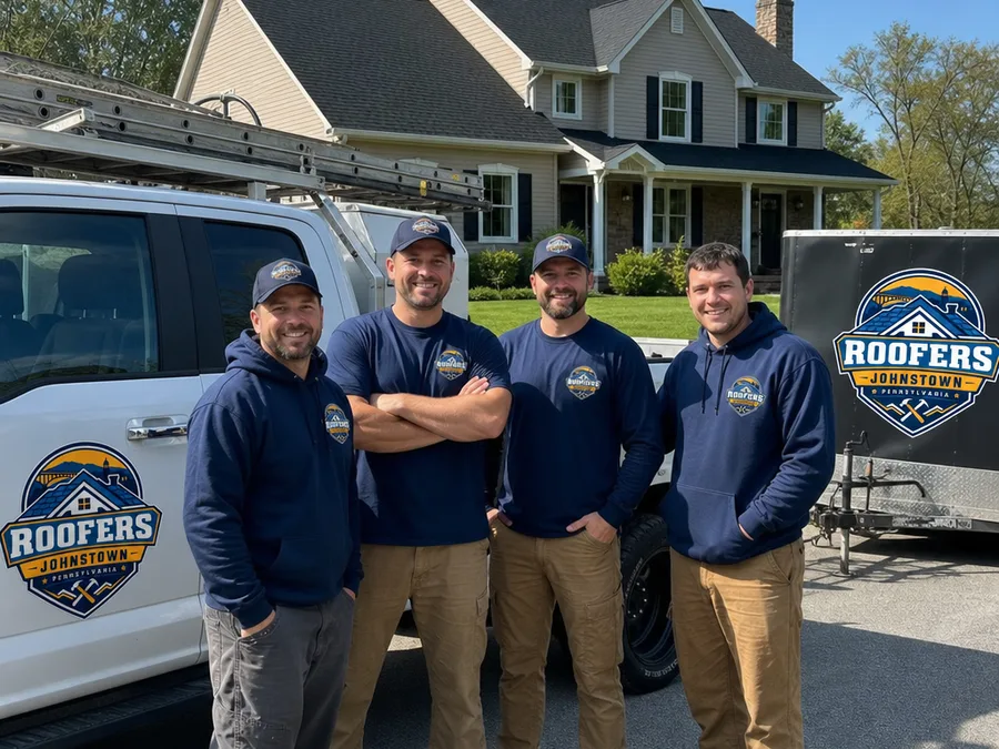 Roofers Johnstown crew beside their work truck at a completed residential roofing project